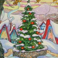 Holiday in the Village based on the artwork of Alida Akers, 18 x 28