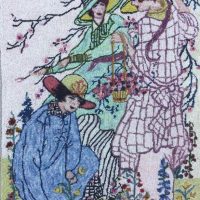 Ladies of the Garden, Vintage Postcard 26 x 20-- Hooked Rug by Fiber Artist Karen Whidden