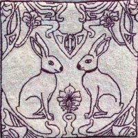 Deco Hares 18 x 18-- Hooked Rug by Fiber Artist Karen Whidden