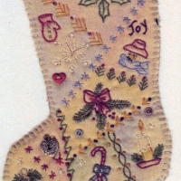 Hand Embroidery Holiday Keepsake Ornaments Tea Dyed --Vintage Stocking #1
