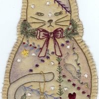 Hand Embroidery Holiday Keepsake Ornaments Tea Dyed --Vintage Holiday Cat #14