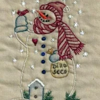 Hand Embroidery Christmas Keepsake Ornaments Tea Dyed --Birdseed Snowman #09T