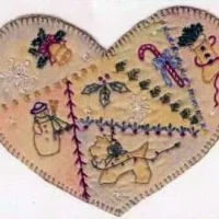 Hand Embroidery Holiday Keepsake Ornaments Tea Dyed --Vintage Holiday  Heart #2